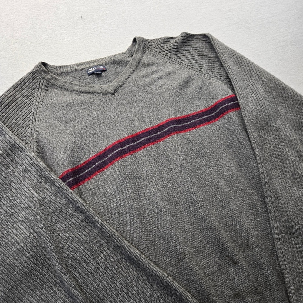 BKE‎ Resistance Strength Mens Grey V Neck Sweater XXL Ribbed Arms Stripes